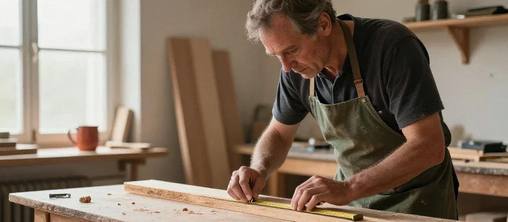 Un artisan menuisier mesurant du bois avec précision pour illustrer l'expertise et la rigueur technique.